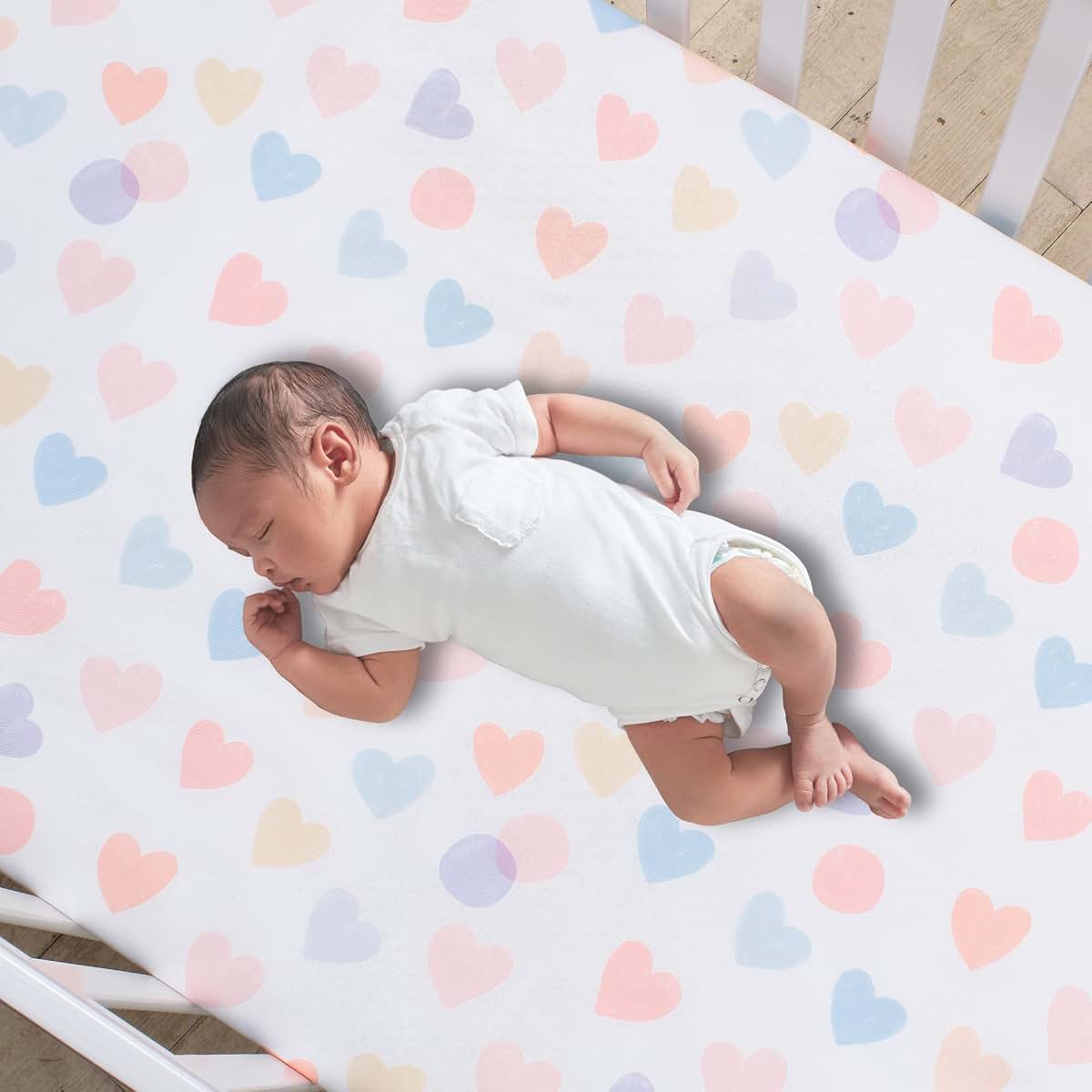 Bedtime Originals Rainbow Hearts Fitted Crib Sheet, White/Peach/Purple