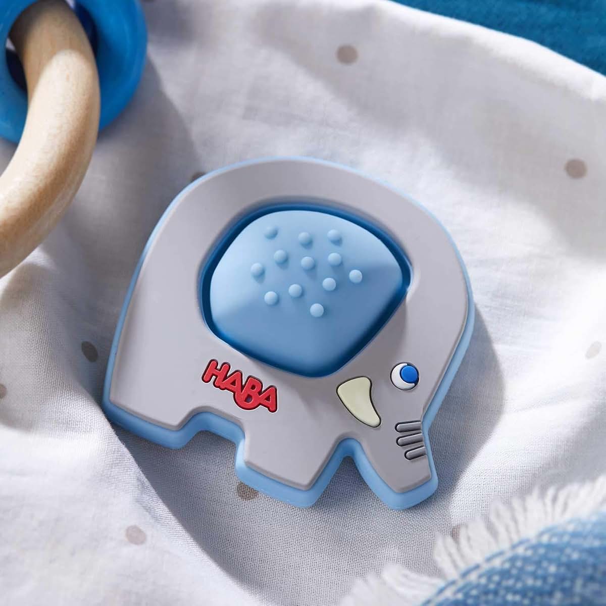 Haba Popping Elephant Silicone Teether Ring & Sensory Grasping Toy