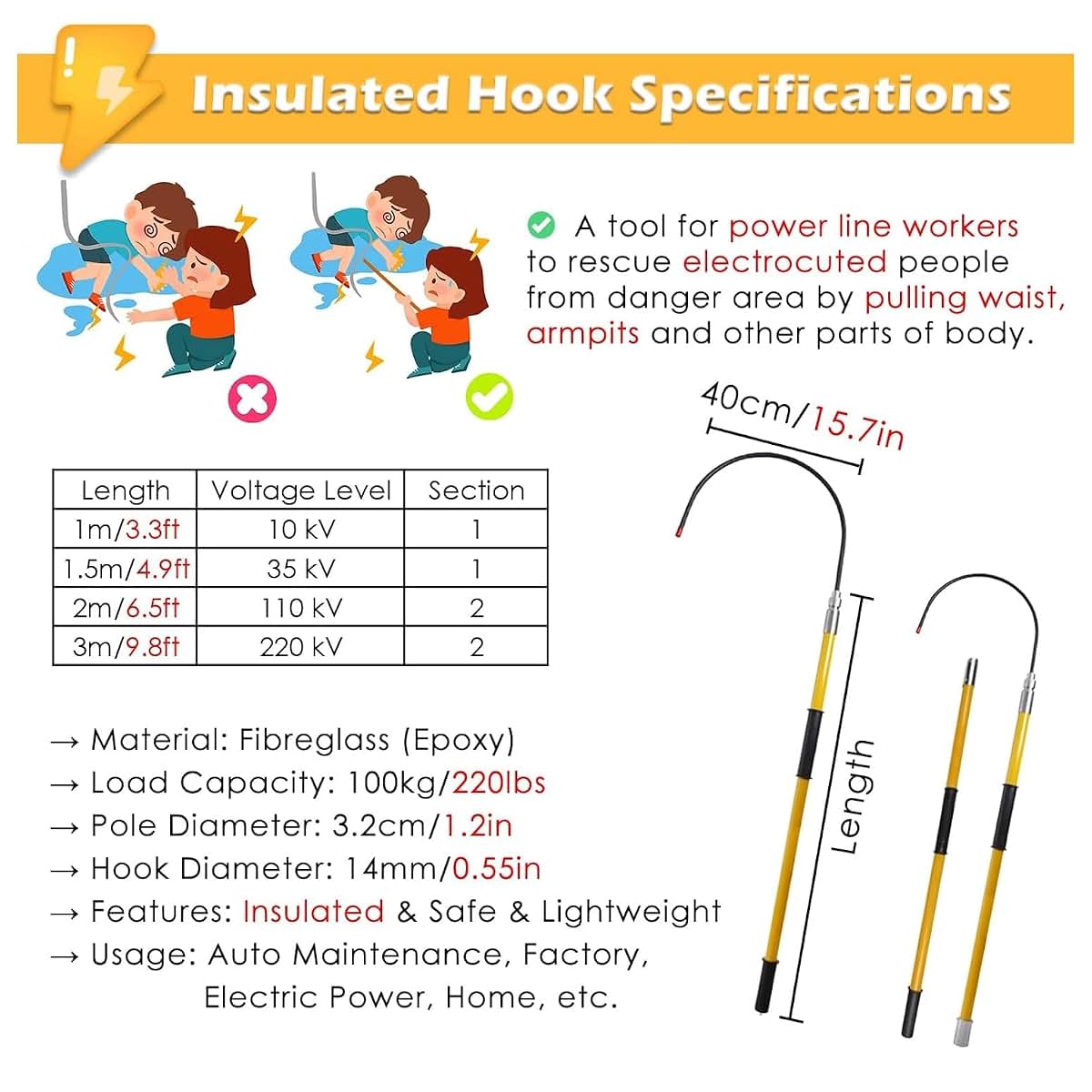 jiangjin Insulated Rescue Pole Hook Yellow 9.8 Feet (photo 2)