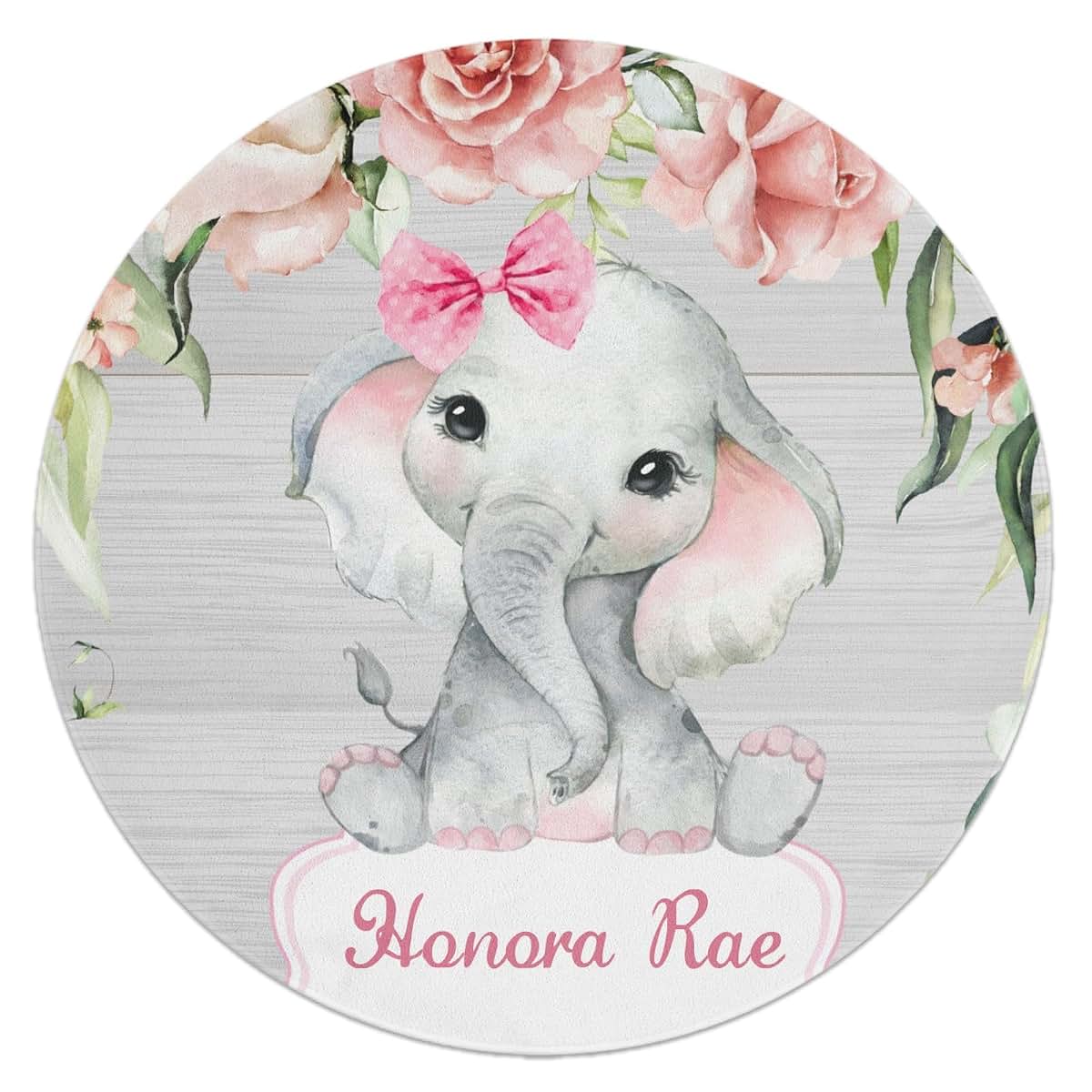 Joyestore Personalized Pink Girl Elephant Flower Custom Round Area Rug Baby Crawling Floor Mats Gifts for Boys Girls