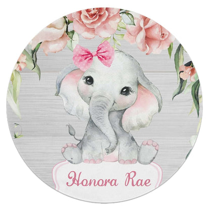 Joyestore Personalized Pink Girl Elephant Flower Custom Round Area Rug Baby Crawling Floor Mats Gifts for Boys Girls