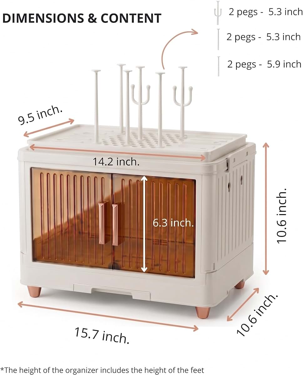 Vessy Baby Bottle Organizer for countertop with Drying Rack, Cover Dustproof Baby Bottle Storage Box Cabinet Station