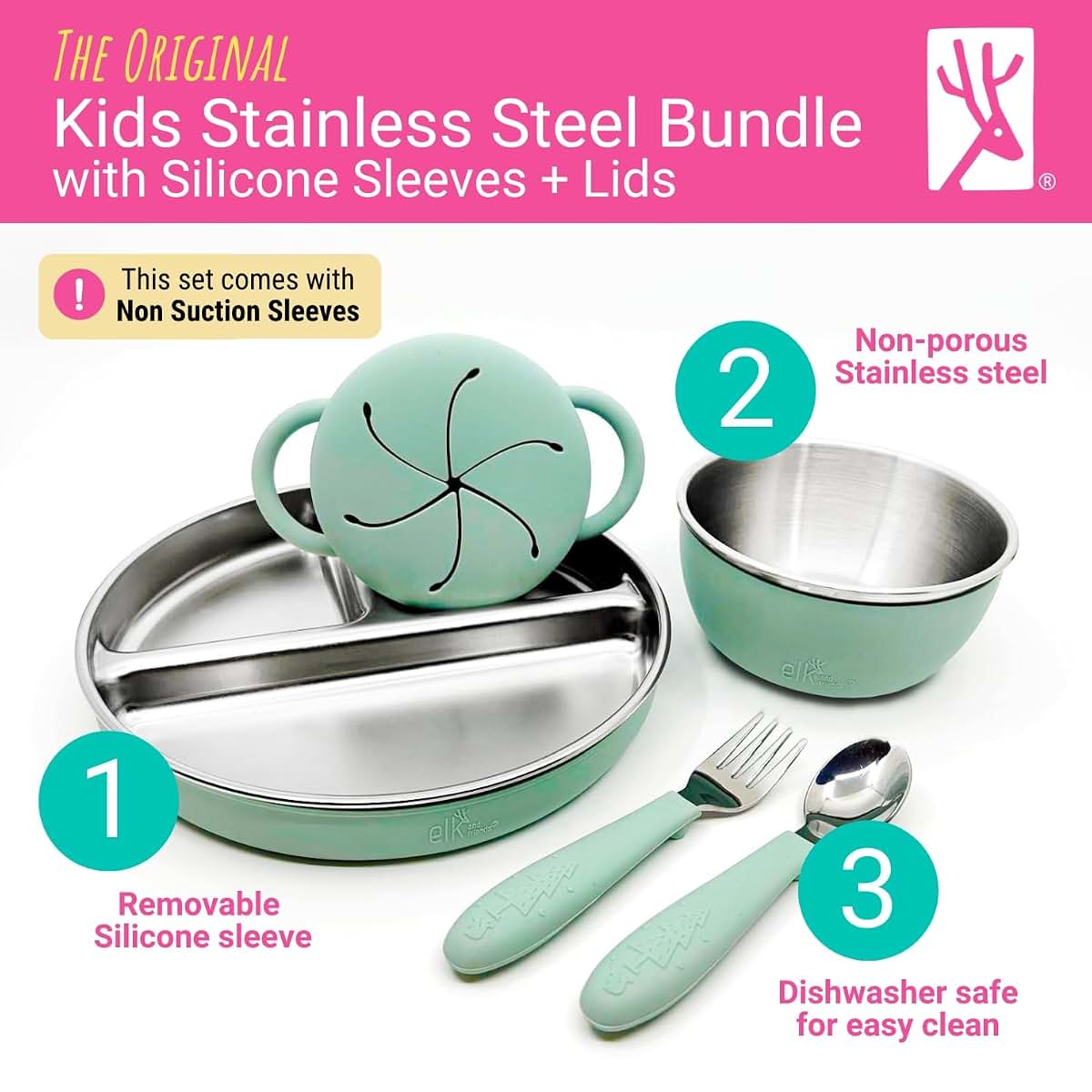Elk and Friends Stainless Steel Mealtime Bundle with Silicone Sleeves, 10-Piece Toddler Dinner Set