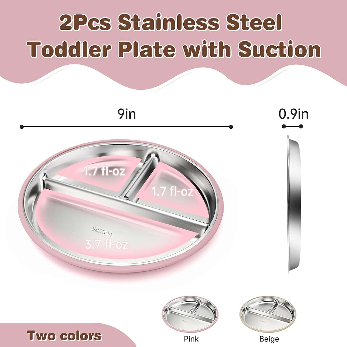 Solldgt Stainless Steel Kids Plates with Suction, 9" Divided Baby Plates Set of 2, Pink & Beige