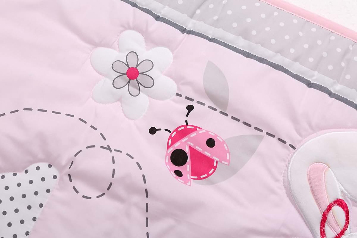 CribMATE 3 Pieces Pink Floral Embroidery Rabbit Nursery Crib Bedding Set (photo 3)