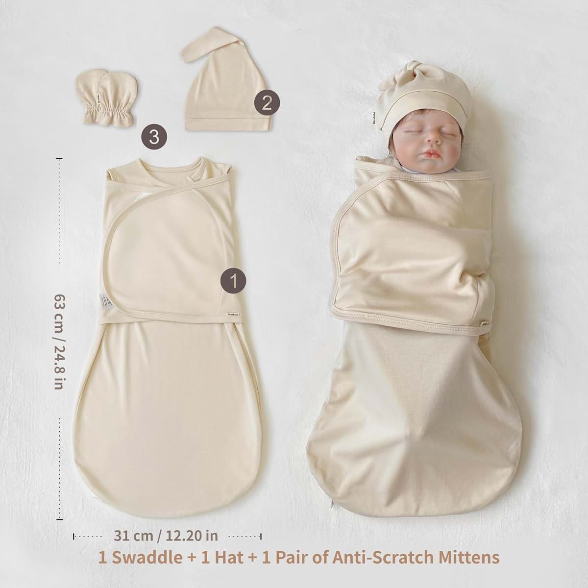 Blesbibi 0‑3M Newborn Bamboo Rayon Swaddle Gift Set, Hat & Anti‑Scratch Mittens (photo 2)