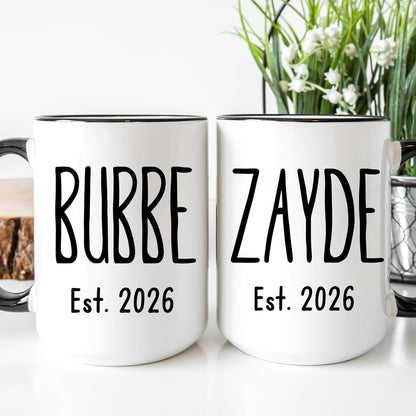 Fabby Gifts Bubbe And Zayde Mugs Set - Yiddish Grandma Baby Reveal - Jewish Grandpa Mug - Pregnancy Announcement For
