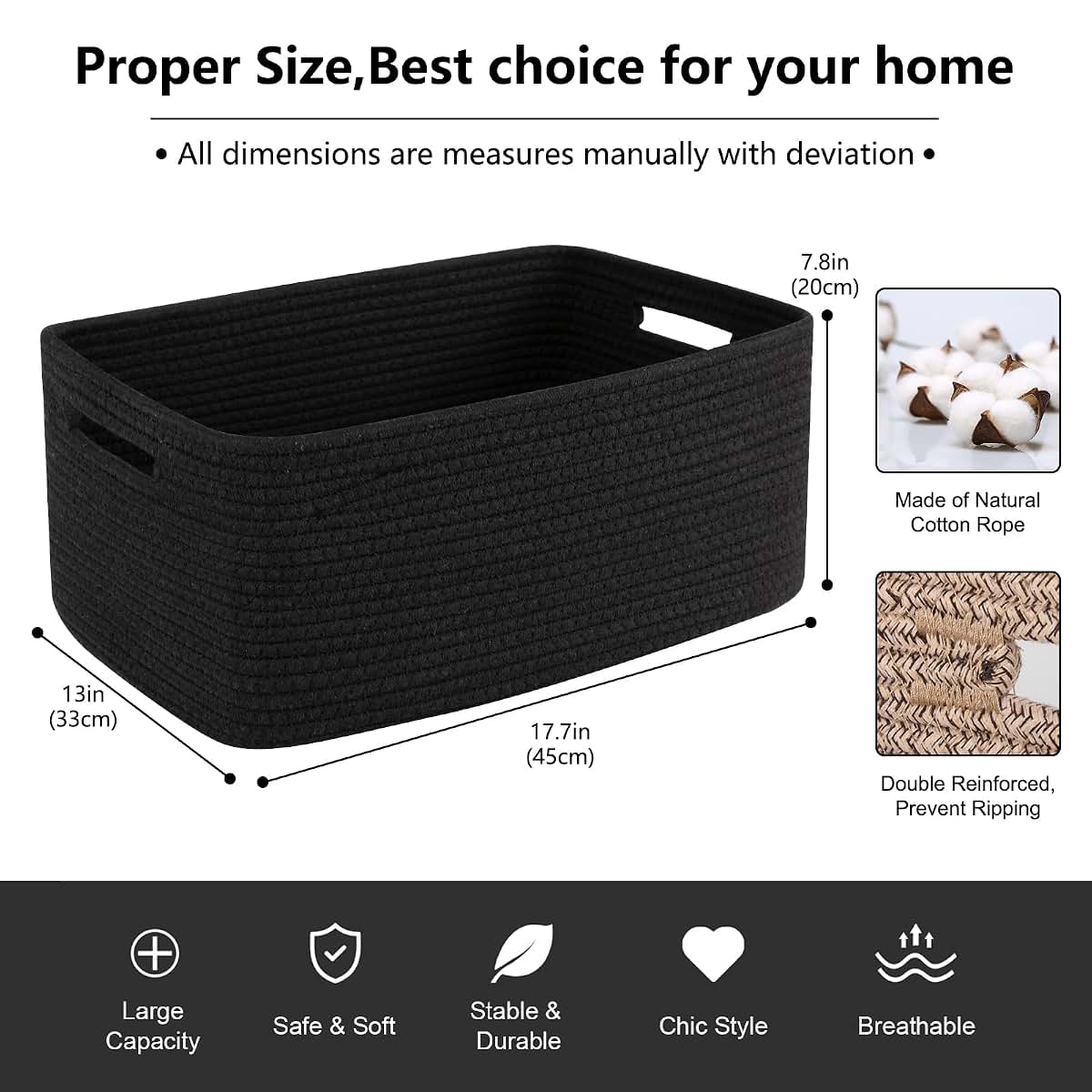 OIASKET Large Woven Rope Storage Basket 2 Pack Black