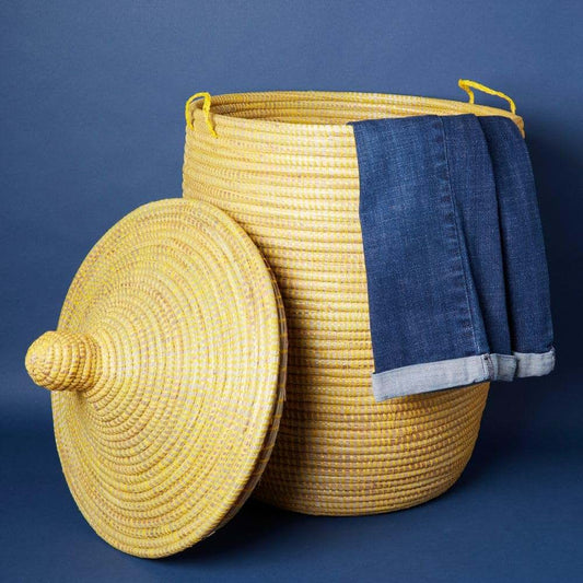 Yellow Wicker Storage Hamper Basket with Lid - African Style