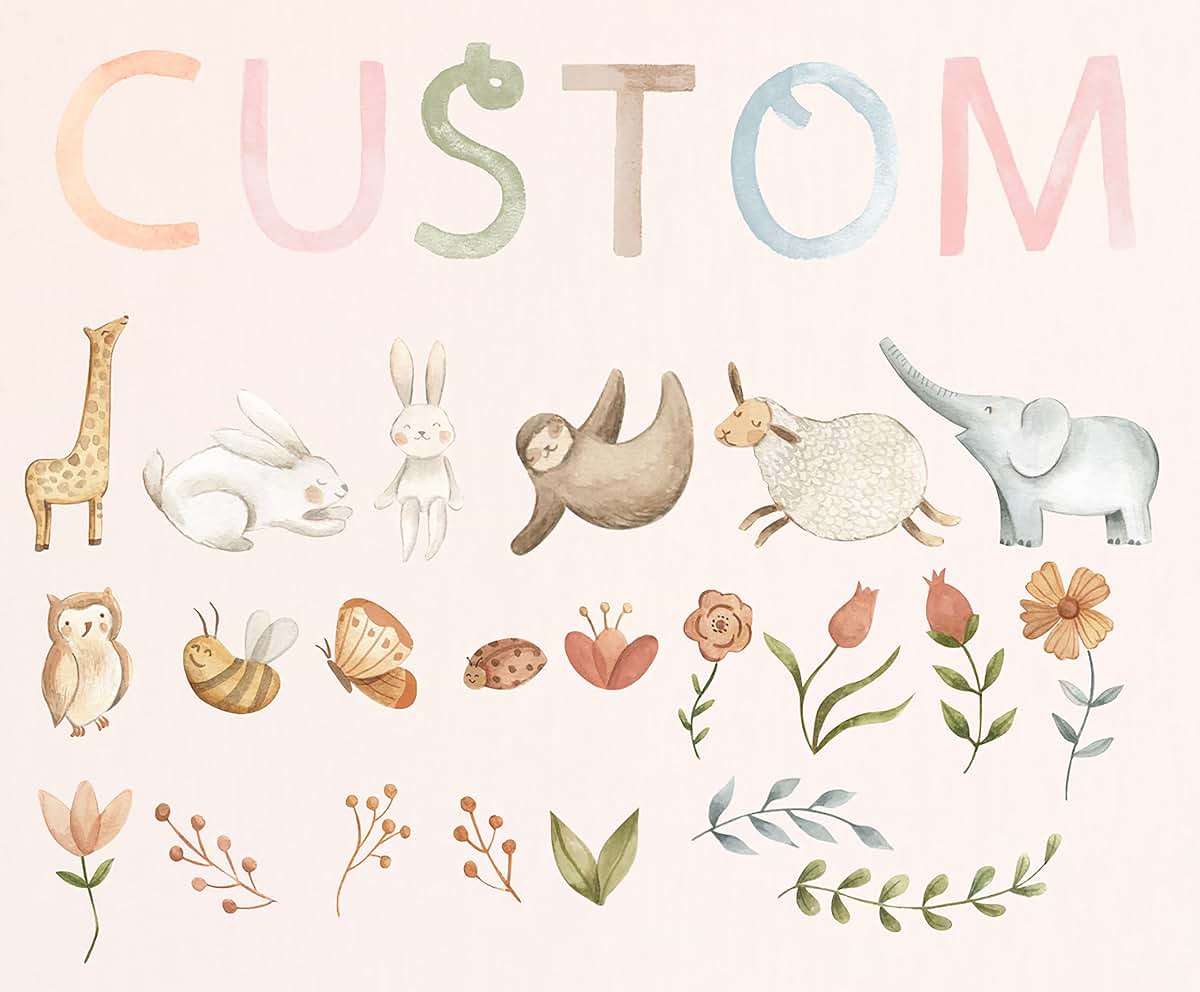 Watercolor Name Personalized Custom Wall Decal with Woodland Animals and Flowers for Nursery Room Decor
