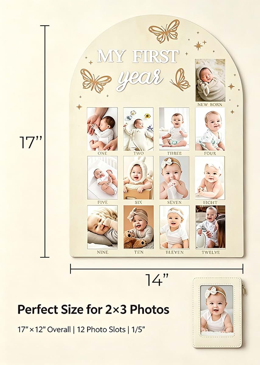 DegoCython My First Year Photo Frame, Wooden Milestone Keepsake with Pre-marked 12 Monthly Infant Development Picture