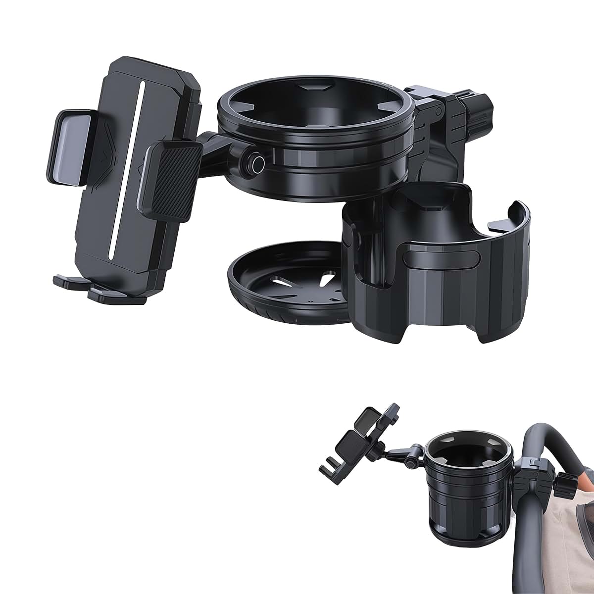 Honghauth 3-in-1 Universal Stroller Cup Holder, 360° Rotatable Phone Holder with Adjustable Single/Double Cup, Fits