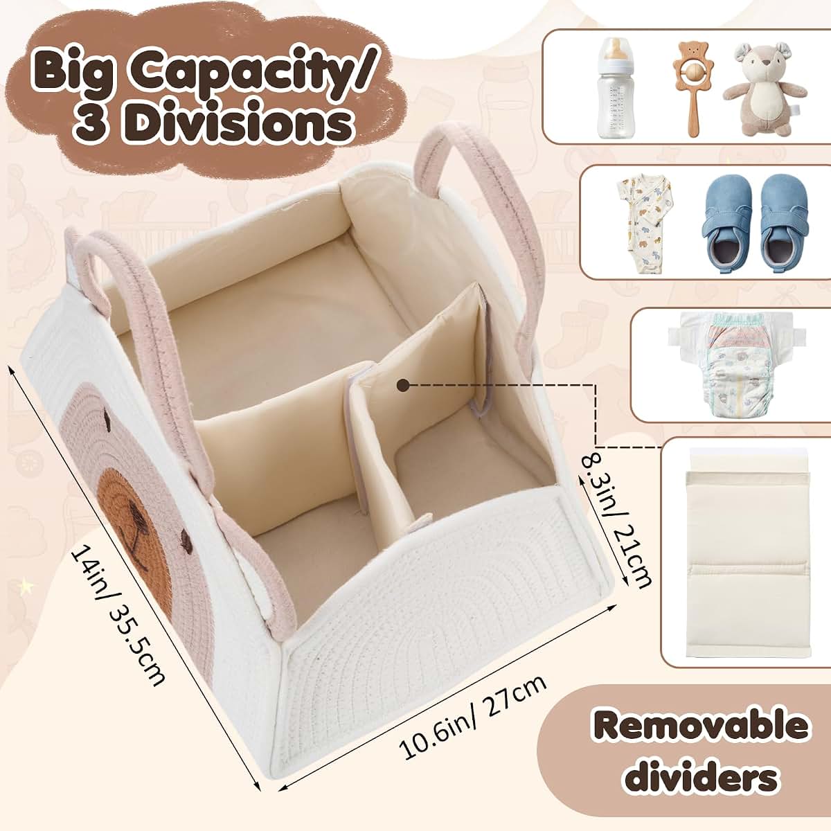 CimoroWin Large Baby Diaper Caddy Organizer, Bear Cotton Rope Storage Basket