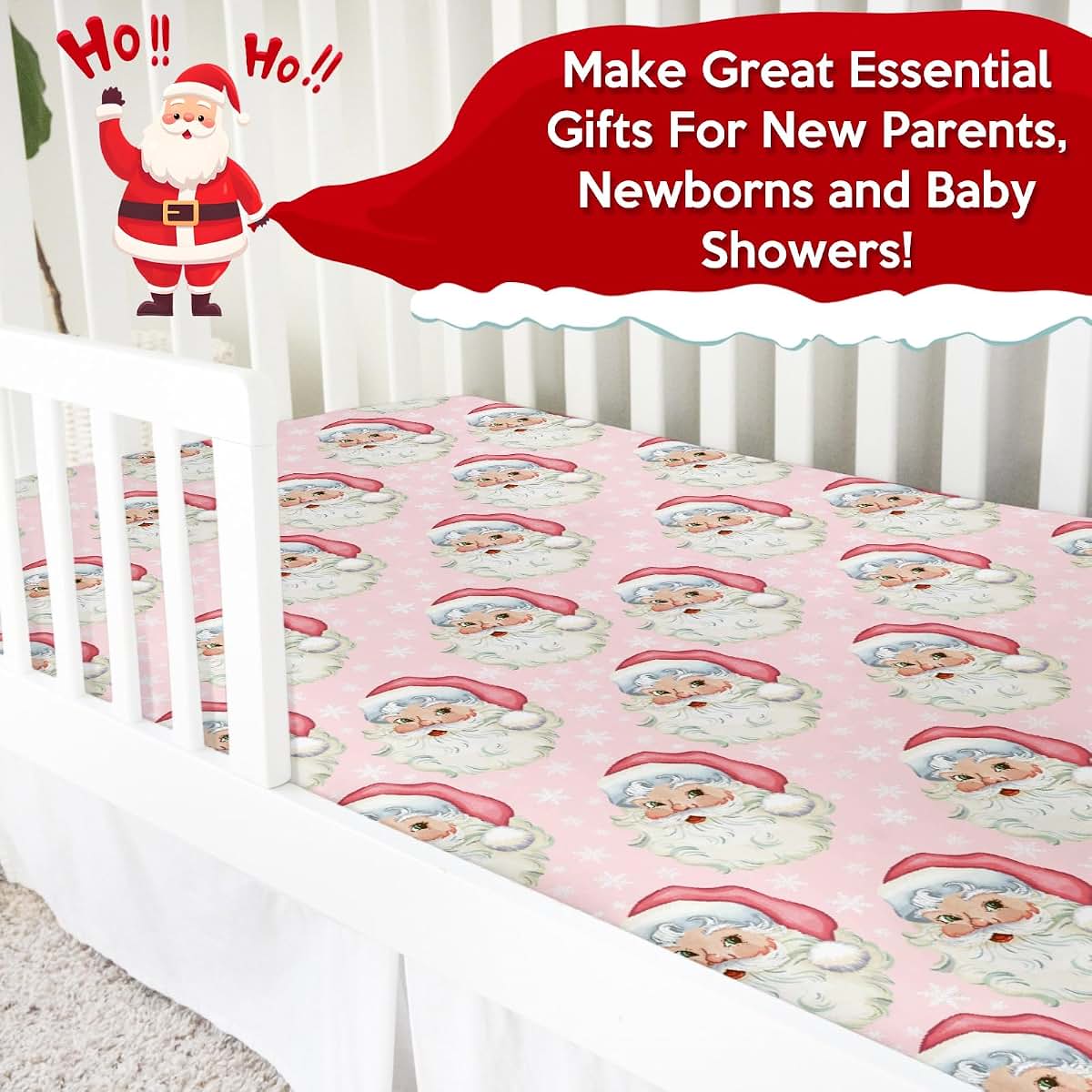Merry Christmas Santa Claus Baby Crib Sheet 28x52 Stretchy Fitted Pink Snowflakes