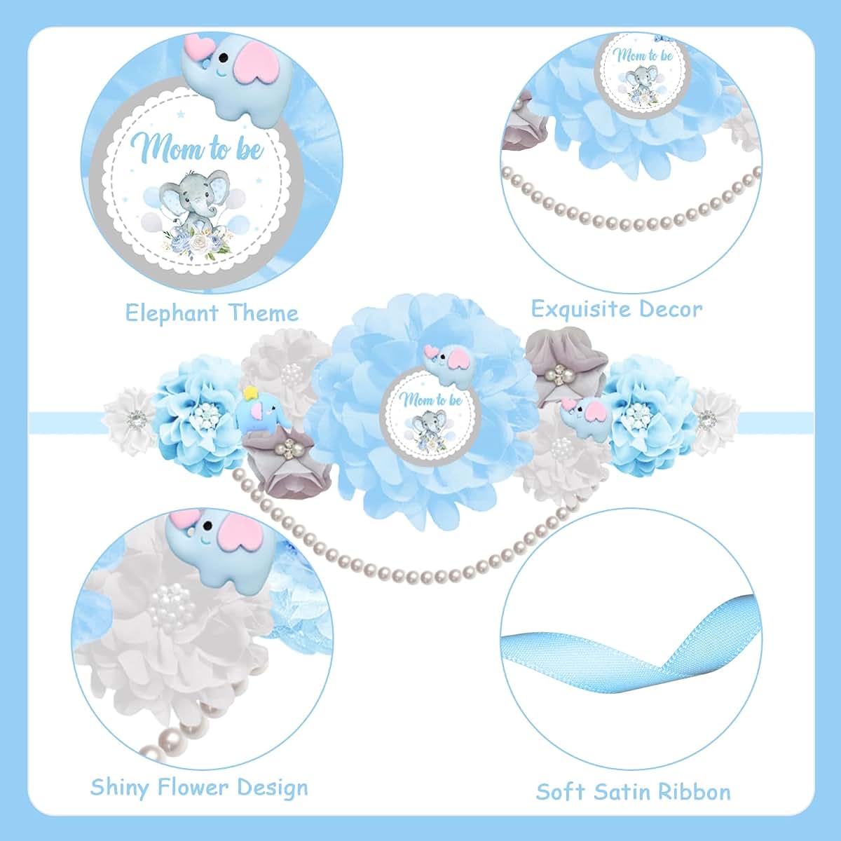 Joymemo Blue Gray Elephant Maternity Sash Kit With Corsage Pins