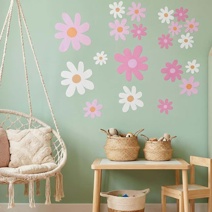 MySHUCE Daisy Flower Wall Decals - 24 Sheet Pink and White Peel and Stick Decor