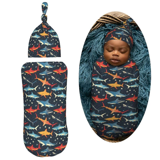 Muishi Space Sharks And Star Newborn Swaddle Blanket And Hat Set