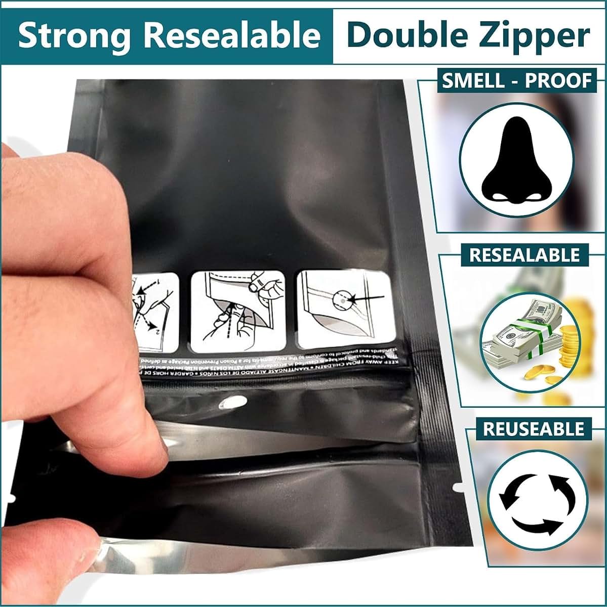 Packaging Guru 100 Pack Matte Black Child Resistant Mylar Bags 14.5"x12" (photo 4)