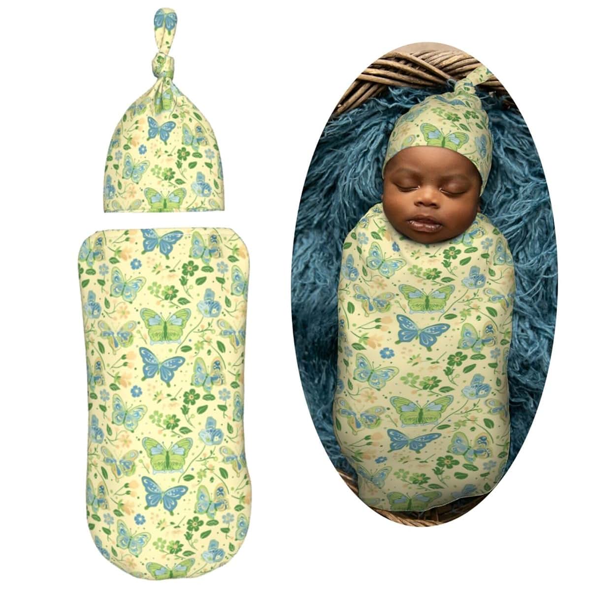Muishi Butterflies Swaddle Blanket and Hat Set for Newborns