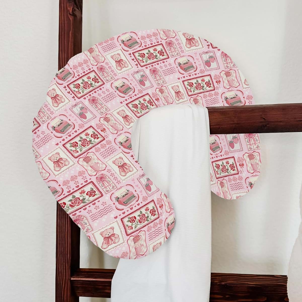 Selgkds Pink Preppy Valentines Frames Nursing Pillow Covers Pink Valentine Bear Roses Hearts Soft Stretchy Removable (photo 4)