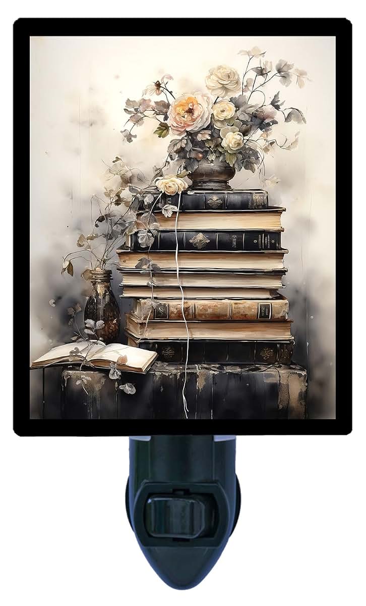 Night Light Designs Pages and Petals Night Light –Books Design, Fully Enclosed, Rotating Plug, Glass Front, 4 Watt Bulb