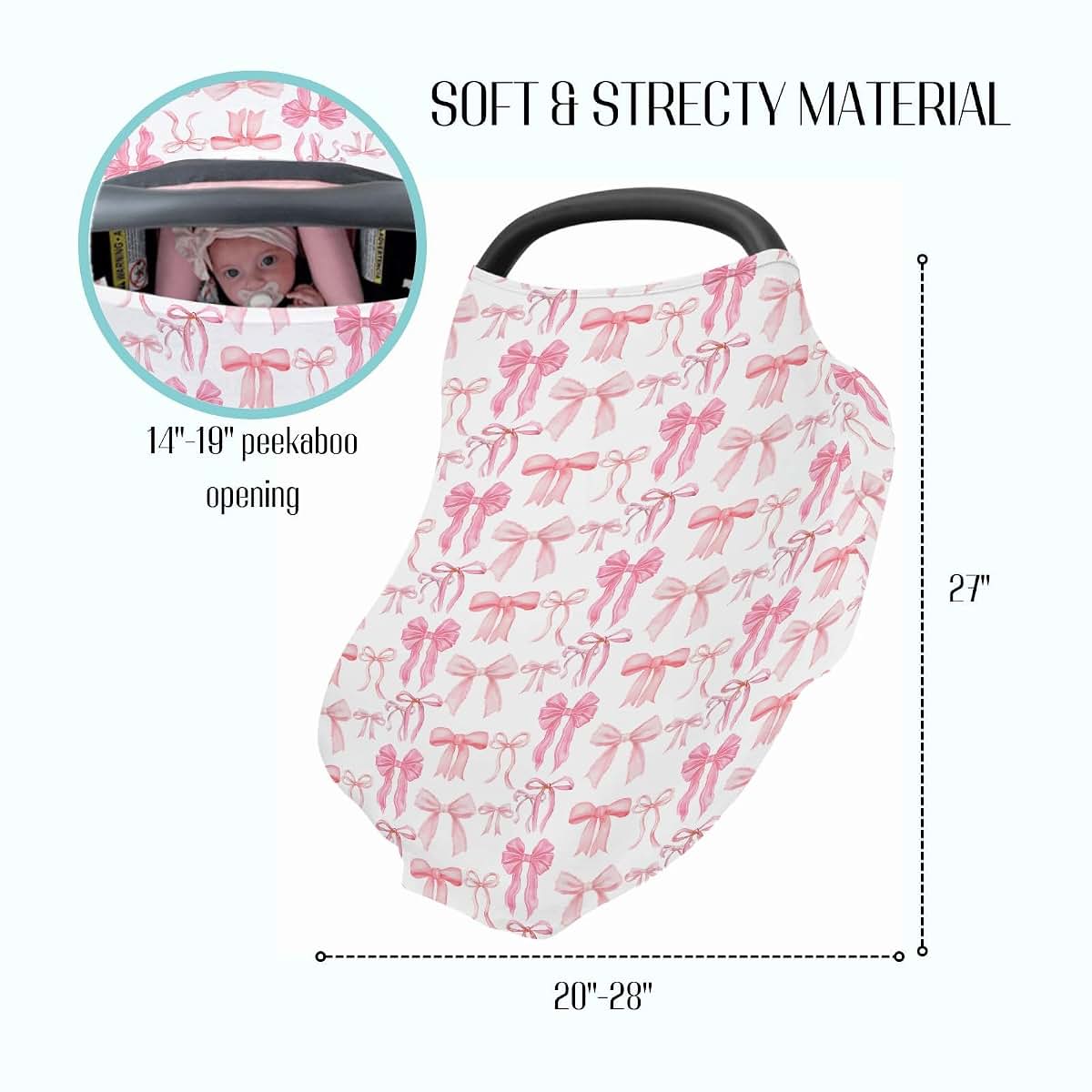 EyMzcod Baby 5-in-1 Car Seat Cover, Watercolor Pink Bows, Multi-Use Nursing & Stroller Canopy