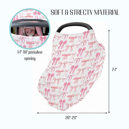 EyMzcod Baby 5-in-1 Car Seat Cover, Watercolor Pink Bows, Multi-Use Nursing & Stroller Canopy