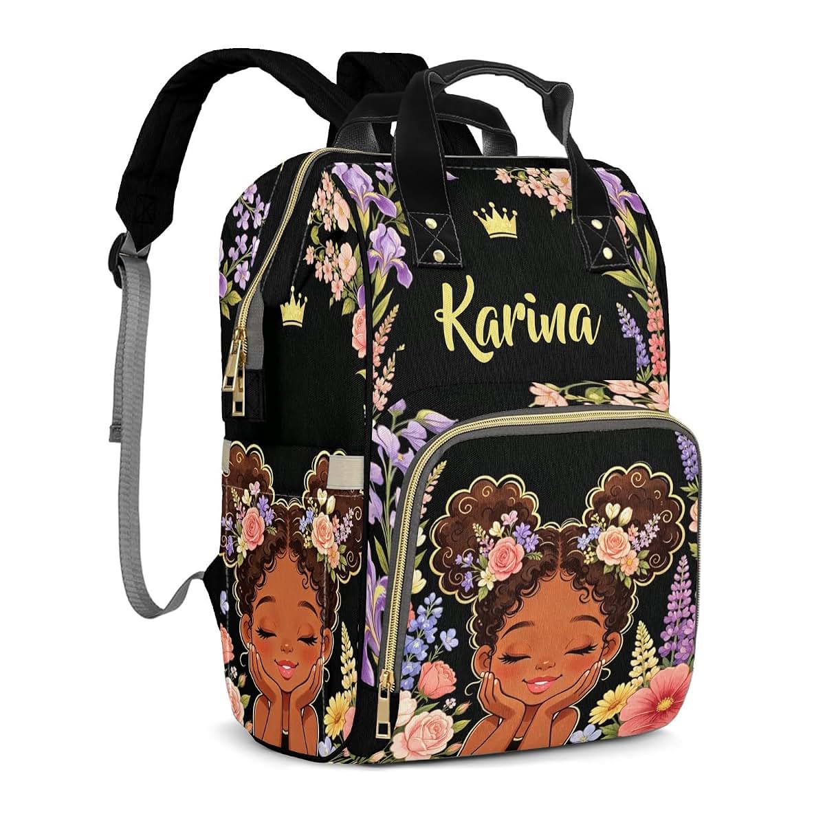 YallLocoMo Custom Diaper Bag Backpack for Girls Boys Kids Lupine Wildflower Black Girl Princess Gift the Best: Spacious (photo 2)