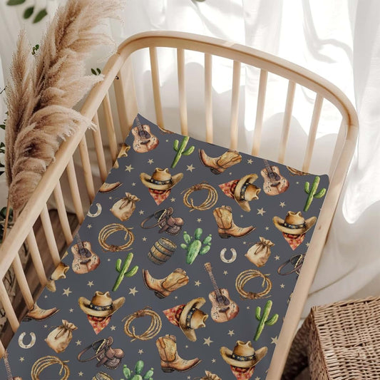 Wicbfdfv Vintage Western Cowboys Guitar Cactus Baby Crib Sheets for Boy Girl 52x28x9 in Cute Cowboy Boot Hat Stars