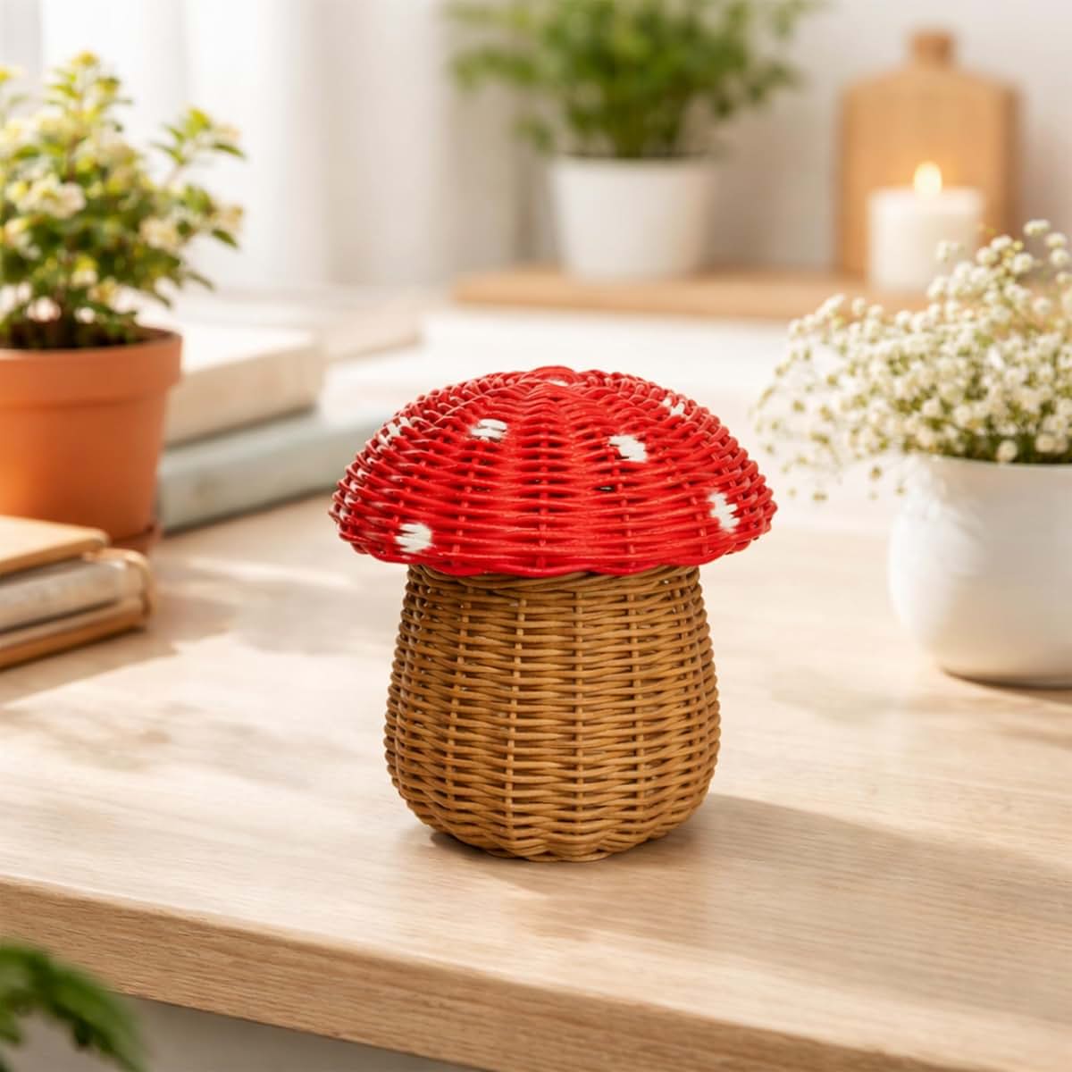 G6 COLLECTION Rattan Mushroom Basket – Handwoven Wicker Storage Bin with Lid, Cute Decorative Boho Home Organizer Gift (photo 2)