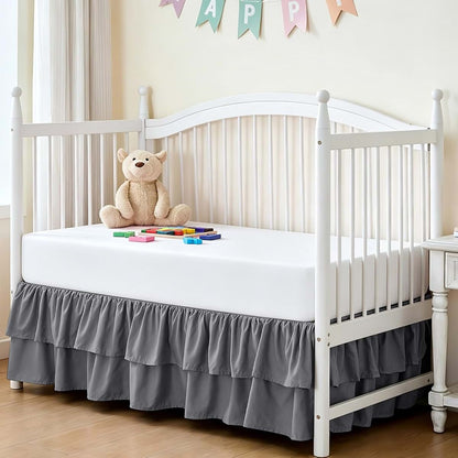 Cobedzy Ruffled Crib Bed Skirt, Grey, Soft Double Layer, 28 X 52 Inch, 14 Inch Drop