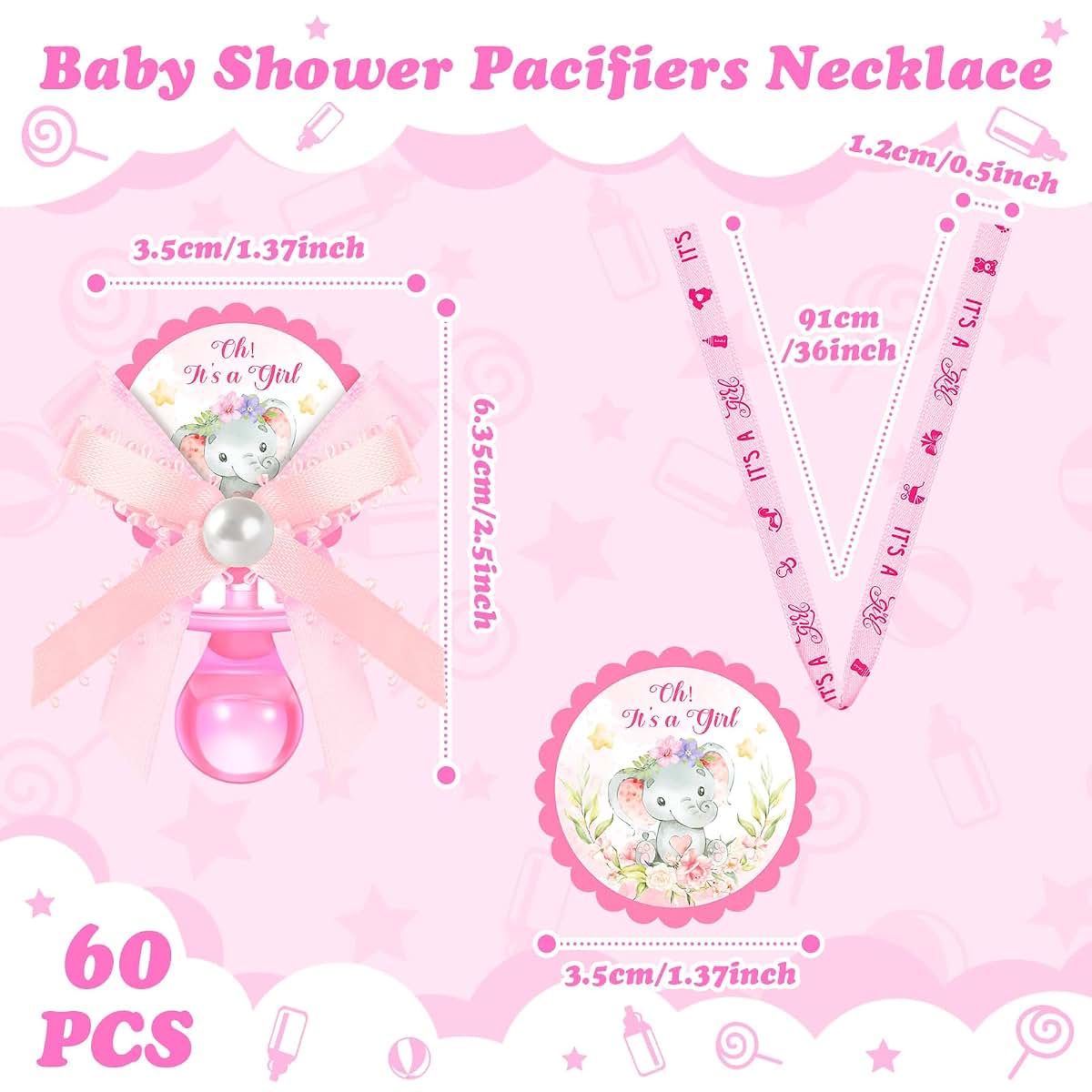 60 Pack Pink Elephant Acrylic Pacifier Charm Necklaces for Baby Shower Favors