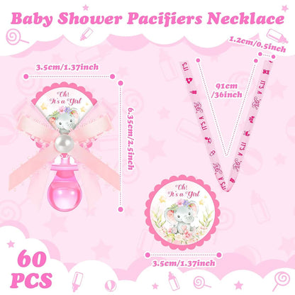 60 Pack Pink Elephant Acrylic Pacifier Charm Necklaces for Baby Shower Favors