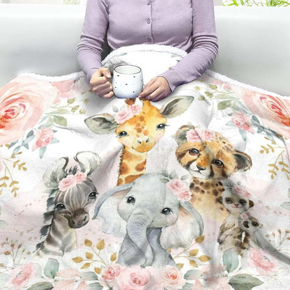 NZOOHY Floral Safari Animals Personalized Sherpa Baby Blankets for Boys Girls,Custom Newborn Naps Name Blanket for (photo 4)