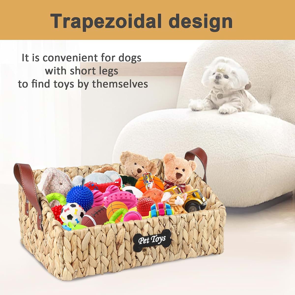 Brabtod Trapezoid Pet Toy Storage Basket, Water Hyacinth Wicker Organizer for Dog Cat Toys