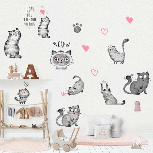 Maiyu Cartoon Cats Wall Decals With 9 Kitten Stickers