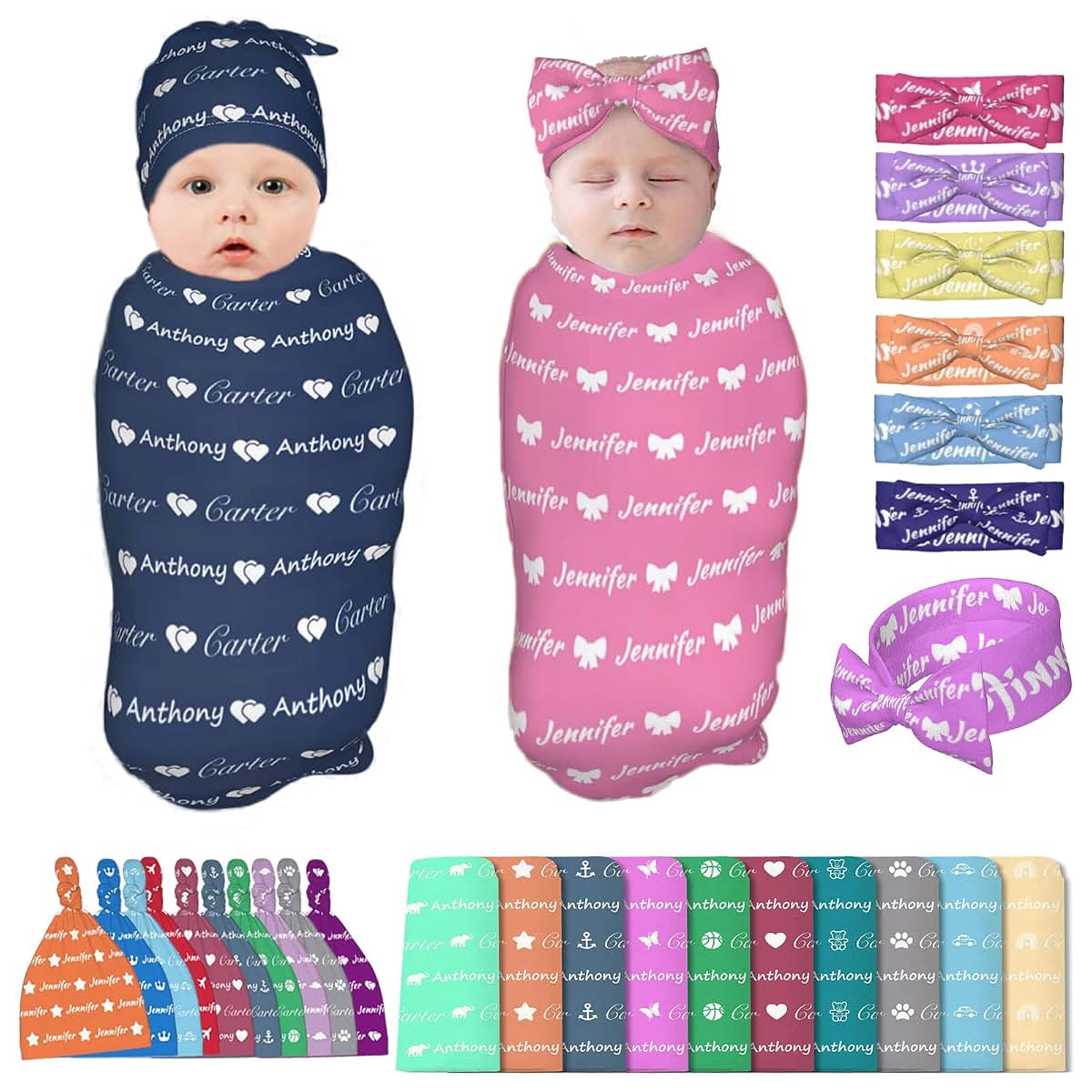 Slocenk Personalized Baby Swaddle Blanket and Hat Set for Boy Girl with Name Custom Newborn Customized Items Gifts, One