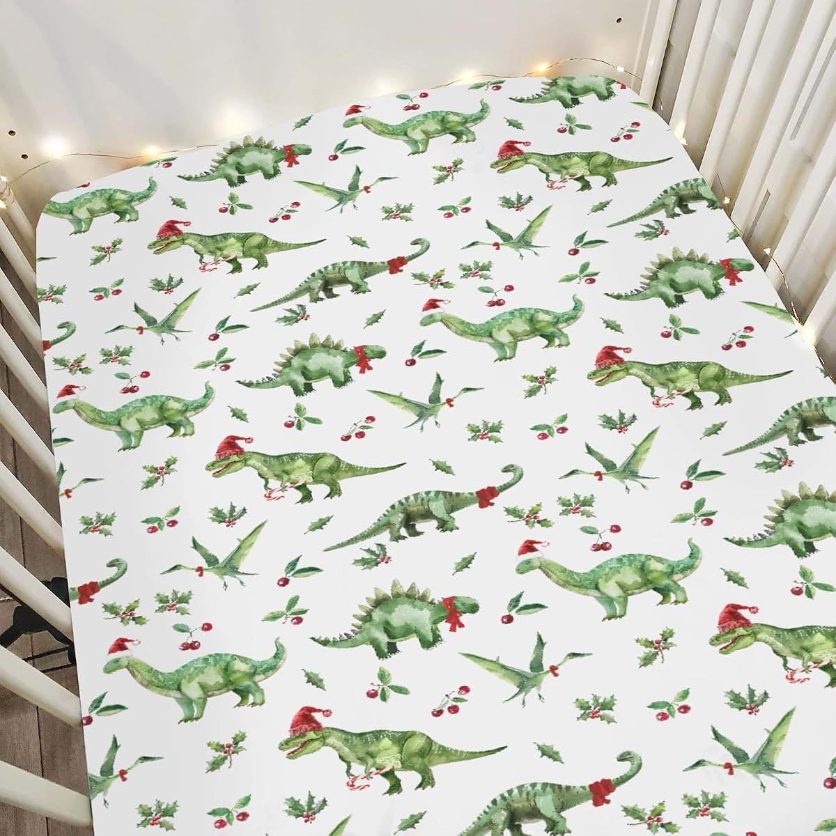 BabyOneStop Christmas Dinosaur Santa Hat Crib Sheet 28x52 Inch