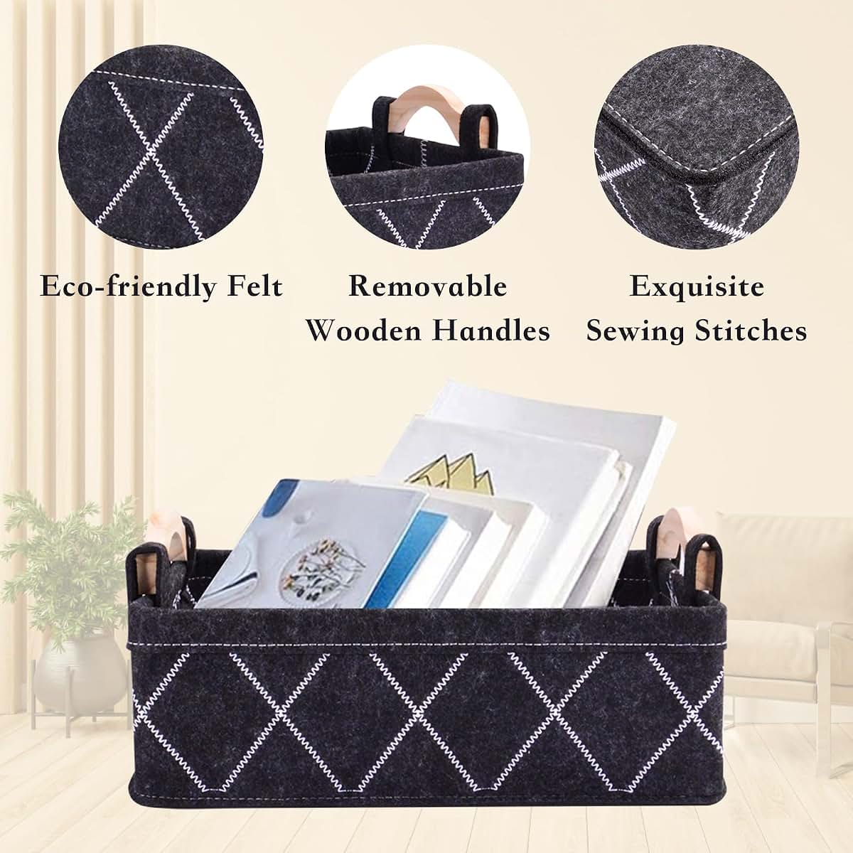 Elyxen Storage Baskets Decorative Felt Bin Rectangular for Closet Cube Nursery Container for Towels Tissues Toiletry (photo 2)