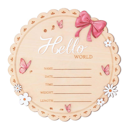 OENIZI Hello World Wooden Baby Birth Announcement Sign with Pink Bow, 6.5 Inch