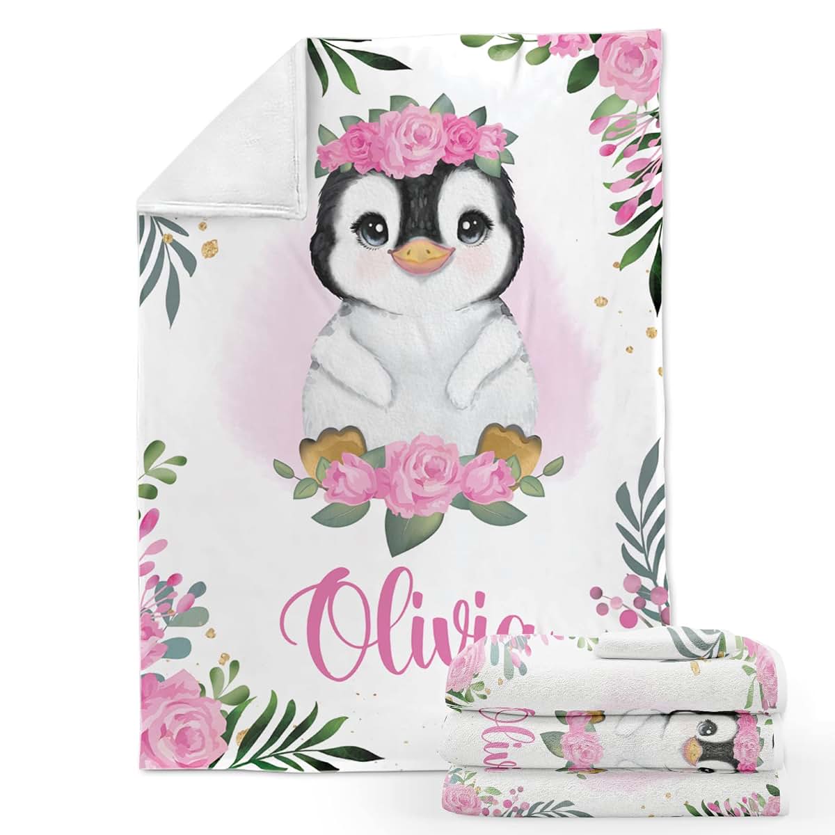 Voz Personalized Baby Blankets with Name, Customized for Girls- Penguin Blanket, Best Gift Baby, New Mom, Newborn, 30 x