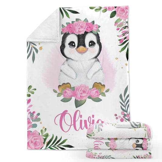 Voz Personalized Baby Blankets with Name, Customized for Girls- Penguin Blanket, Best Gift Baby, New Mom, Newborn, 30 x