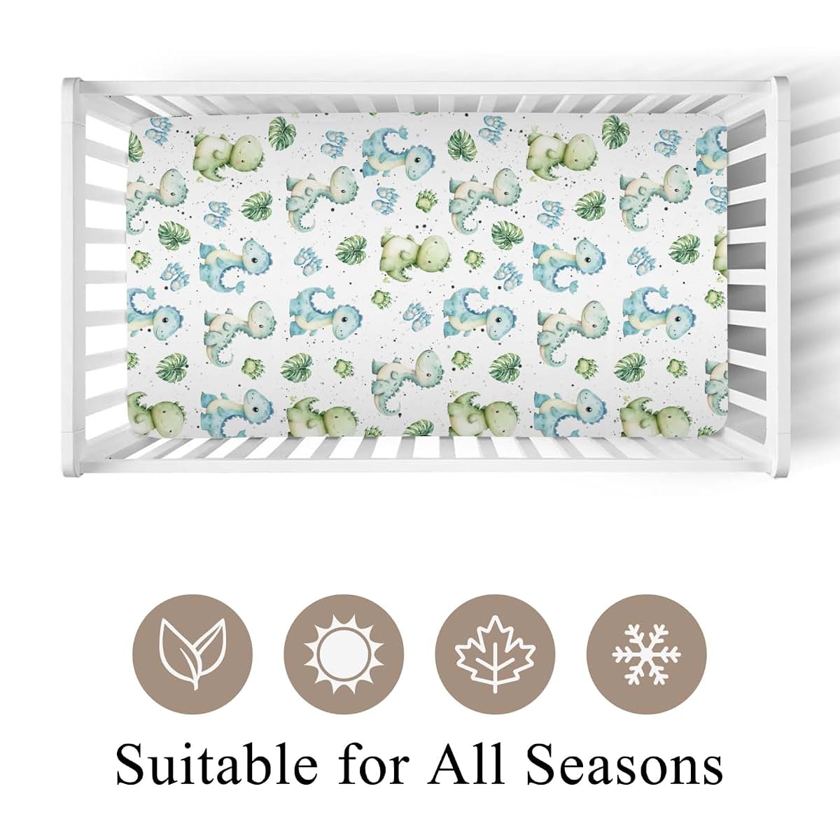 Wicbfdfv Cute Jungle Dinosaurs Fitted Baby Crib Sheet for Boys Girls 52x28Inch Blue Green Dinosaur Tropical Leaves Paws (photo 2)
