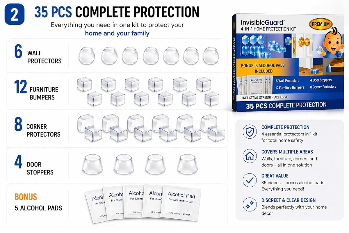 4-in-1 Baby Proofing Kit, 35 Piece Set with Furniture Edge Guards, Corner Protectors, Wall Protectors & Door Stoppers