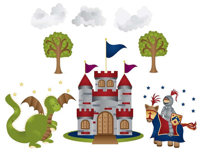 Sunny Decals Knight and Dragon Fabric Wall Decals - Standard Sized - Knight, Dragon, Castle, Trees, Clouds
