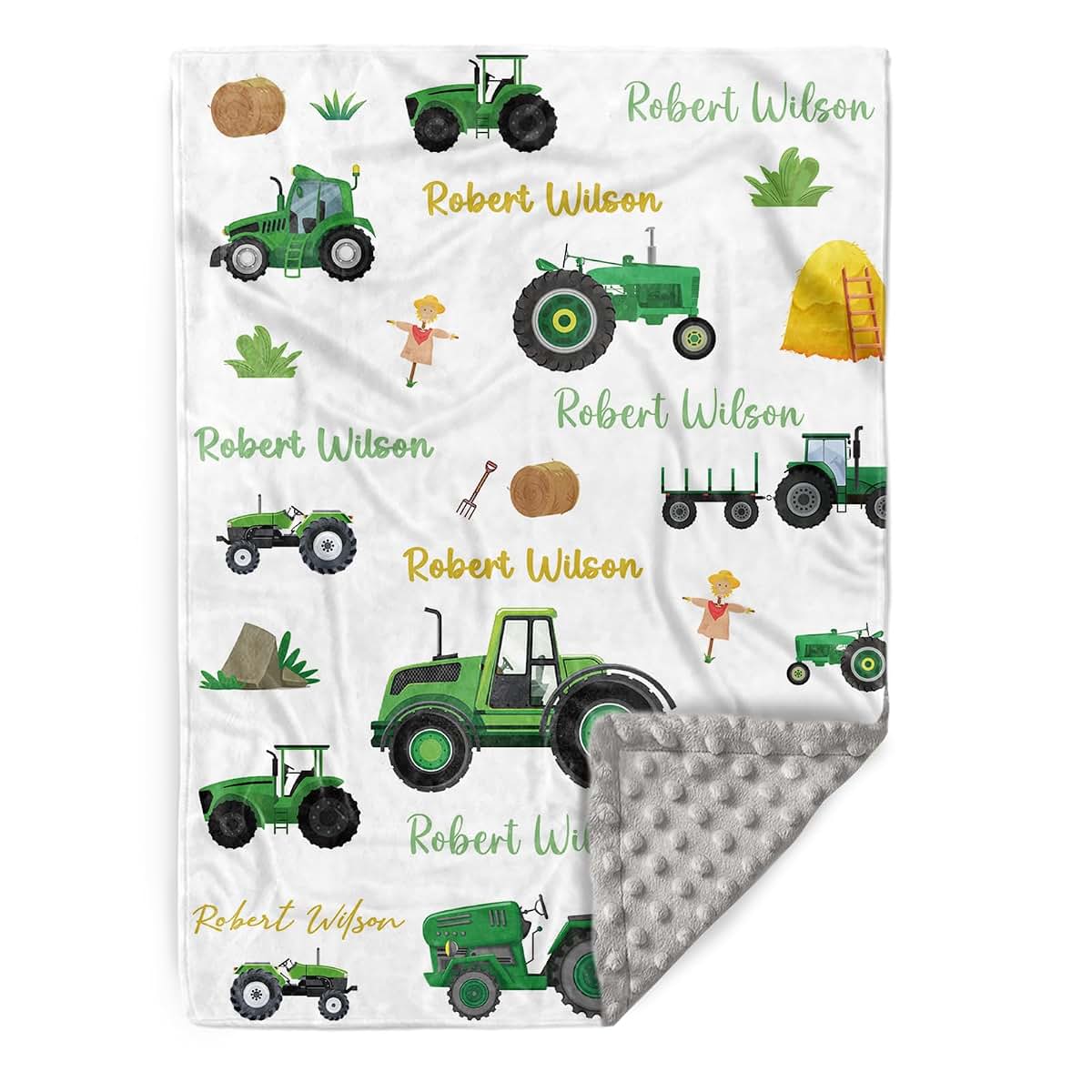 Kryvoxc Personalized Baby Blankets with Name, Green Excavator Double Layer Receiving Swaddle Blanket with Dotted