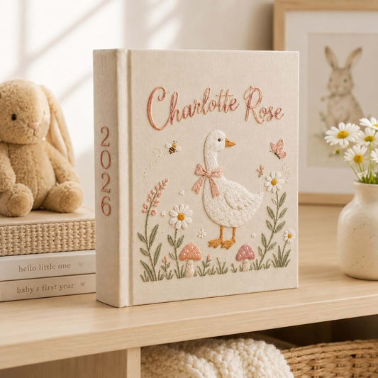 MDPrints Global Personalized Baby Photo Album, Hand Embroidered First Year Keepsake Book (Album 1)