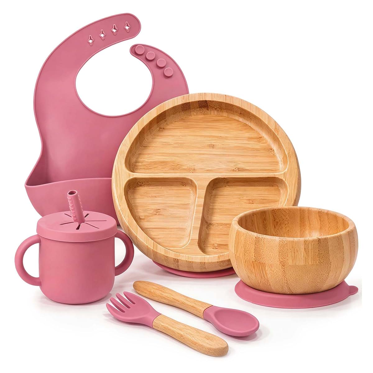 womorista Bamboo Suction Plates for Babies, Feeding Set with Bowl, Cup, Bib and Utensils