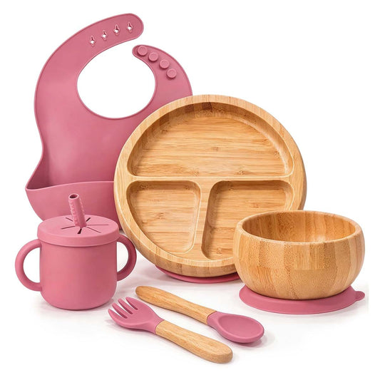 womorista Bamboo Suction Plates for Babies, Feeding Set with Bowl, Cup, Bib and Utensils