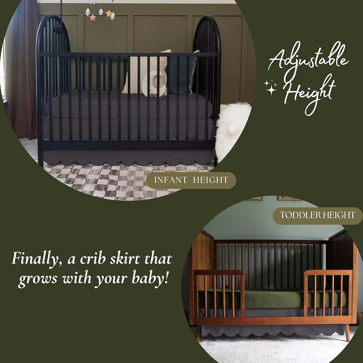 Scalloped Edge Mini Crib Bed Skirt for Standard Cribs in Dark Grey Microfiber
